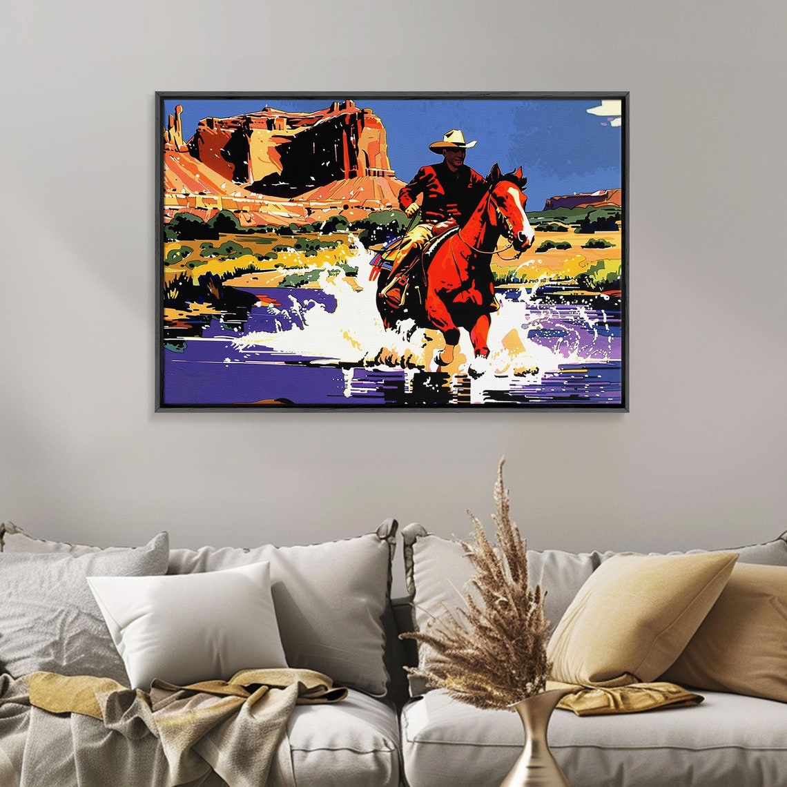 Cowboy Riding Red Horse Through River Canyon Pop Art Western Poster - Image 4
