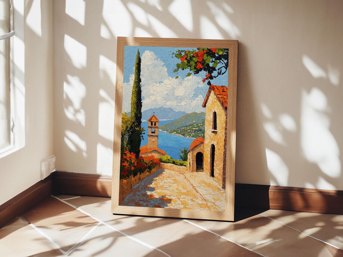 Positano Amalfi Coast Italy Cobbled Lane Sea View Oil Painting Poster