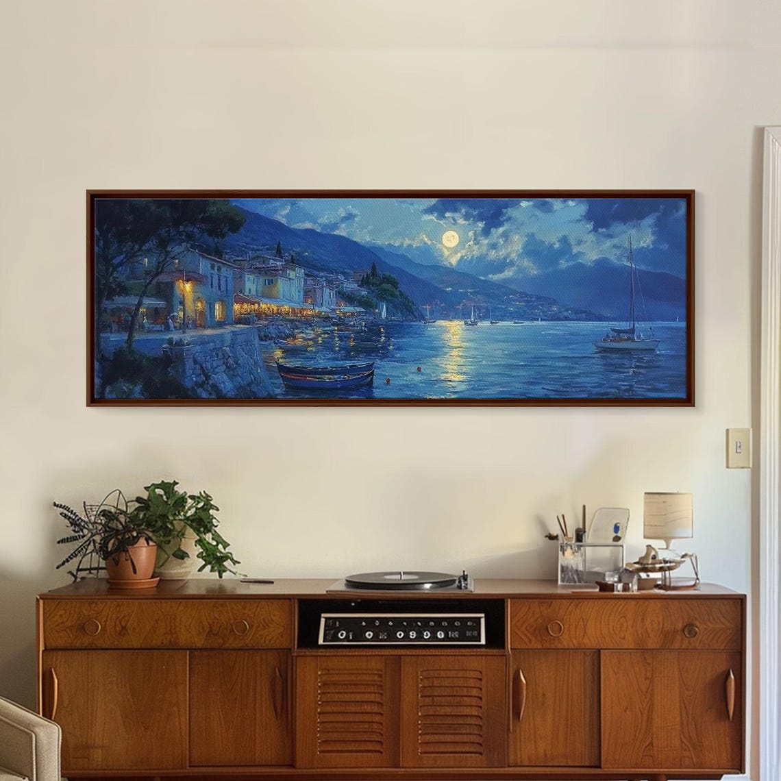 Fishing Village At Midnight Under Full Moon Harbor Night Poster - Image 5