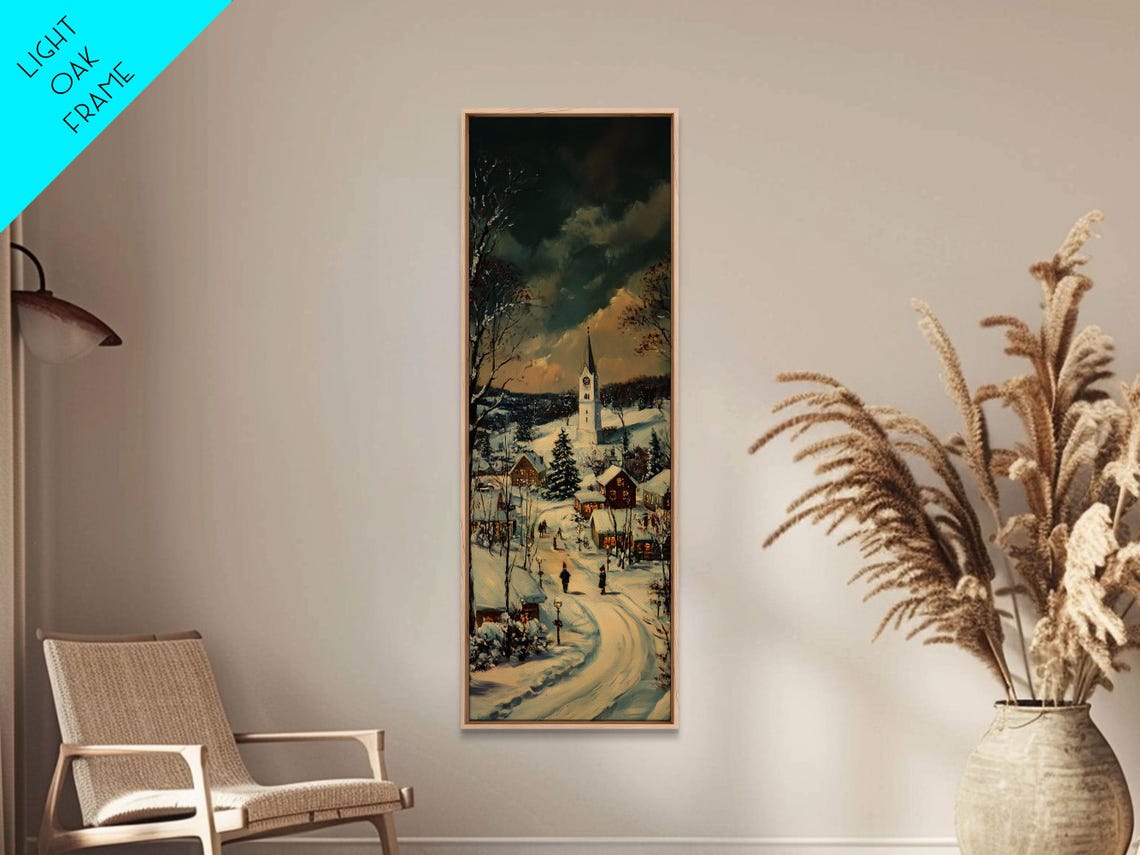 Christmas Village Painting Cheerful Holiday Scene Framed Print Vintage Winter Town Seasonal Wall Art Gift Snowy Village Decor - Image 3