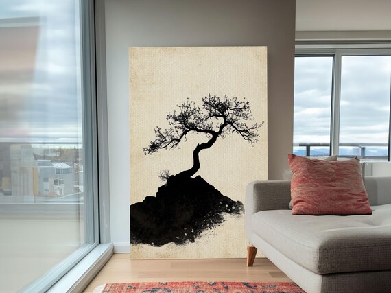 Black And White Charcoal Sketch Print Of A Bonzai Tree Framed Print Wabi Sabi Art Wabi Sabi Painting Minimalist Home Decor