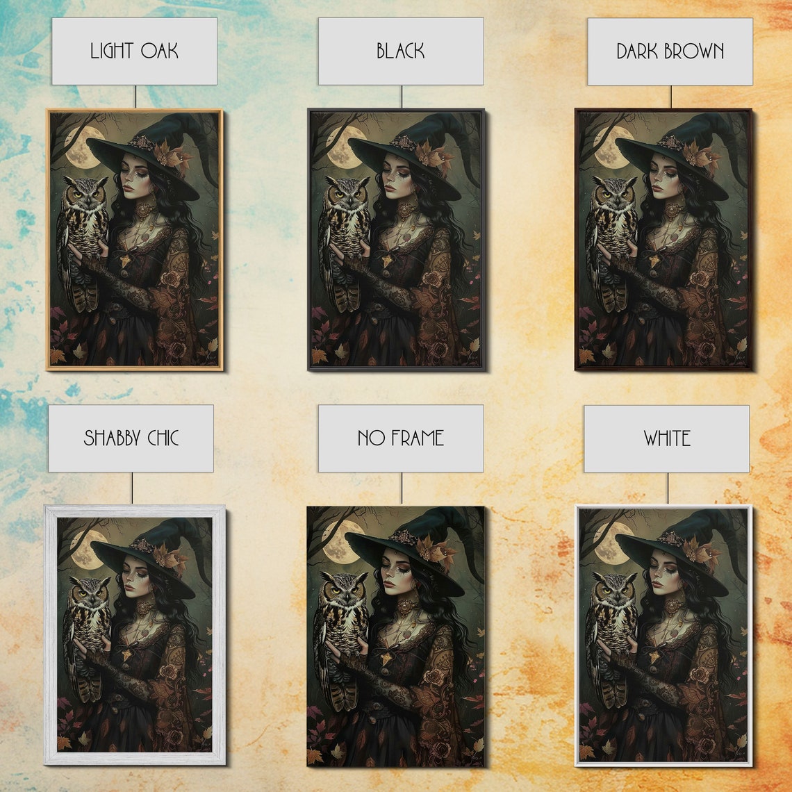 Witch Holding Great Horned Owl Under Full Moon Autumn Night Poster - Image 3