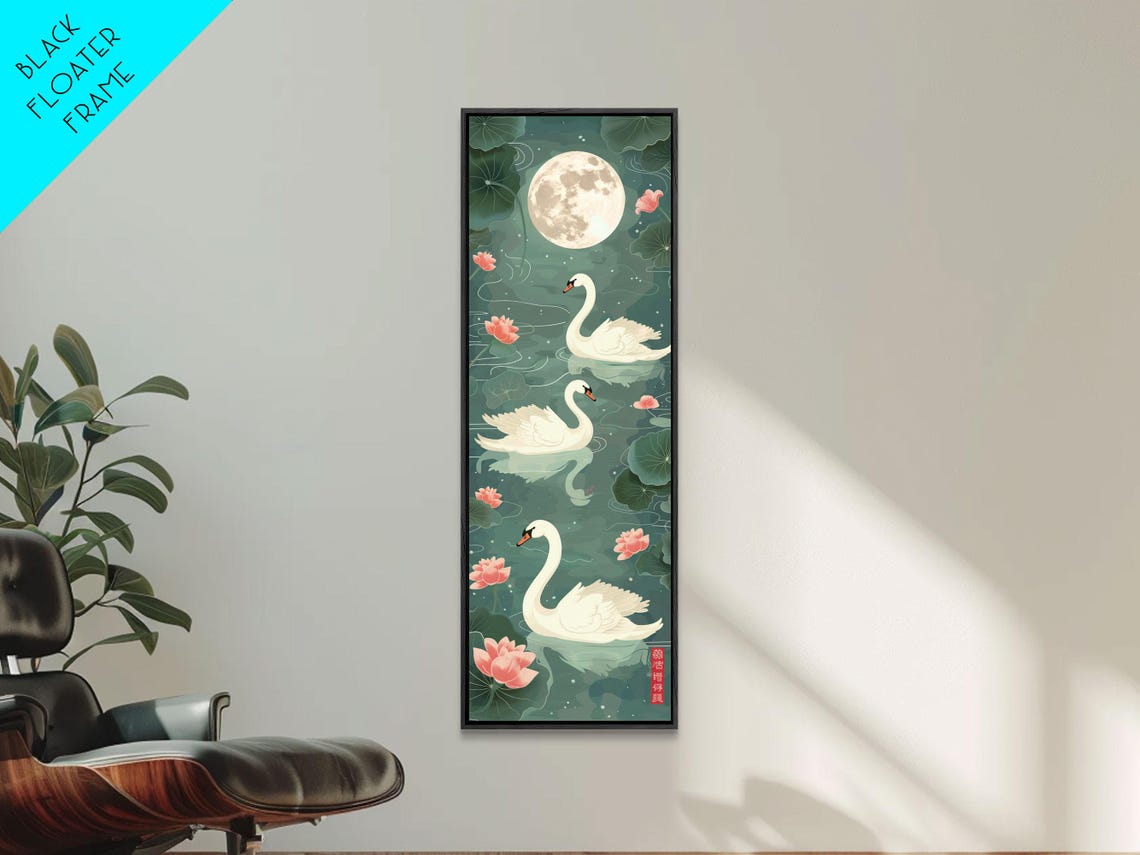 Three White Swans Full Moon Lotus Pond Night Japanese Poster - Image 6
