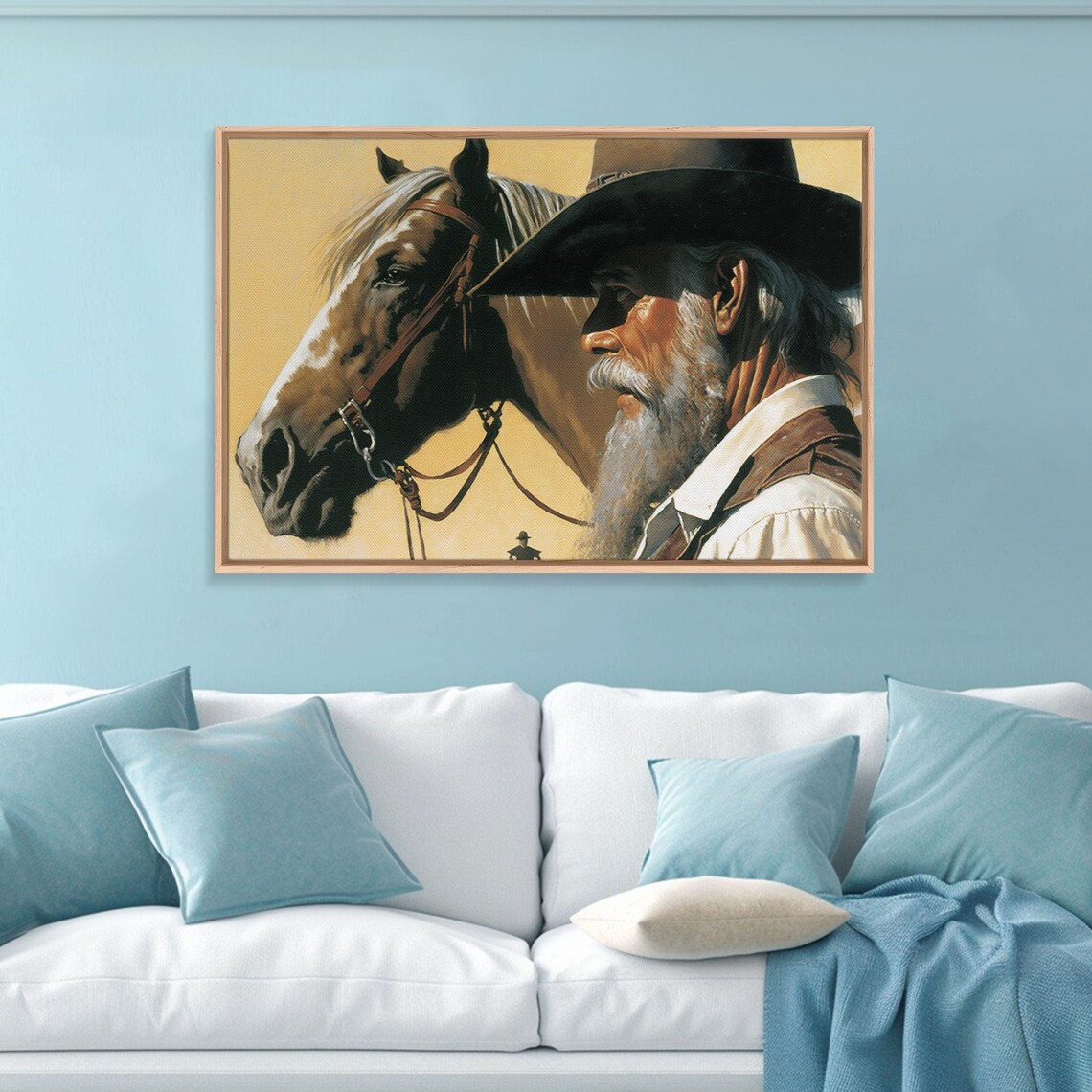 Old Bearded Cowboy With Horse Vintage Western Oil Painting Poster - Image 5