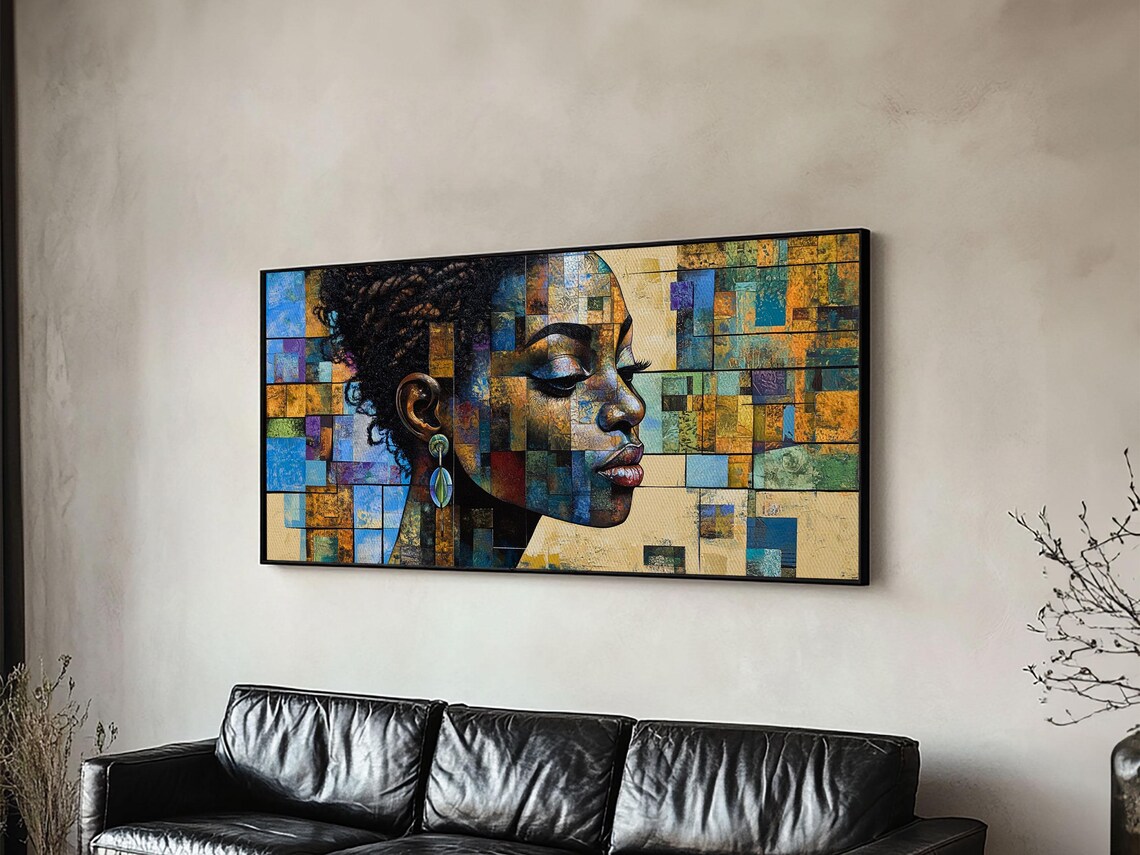 African Woman Mosaic Portrait Geometric Blue Gold Abstract Art Poster - Image 5