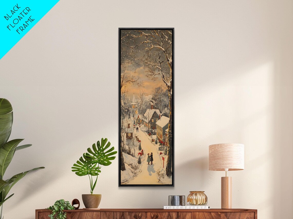 Snowy Village Street At Dusk Couple Strolling Winter Scene Poster