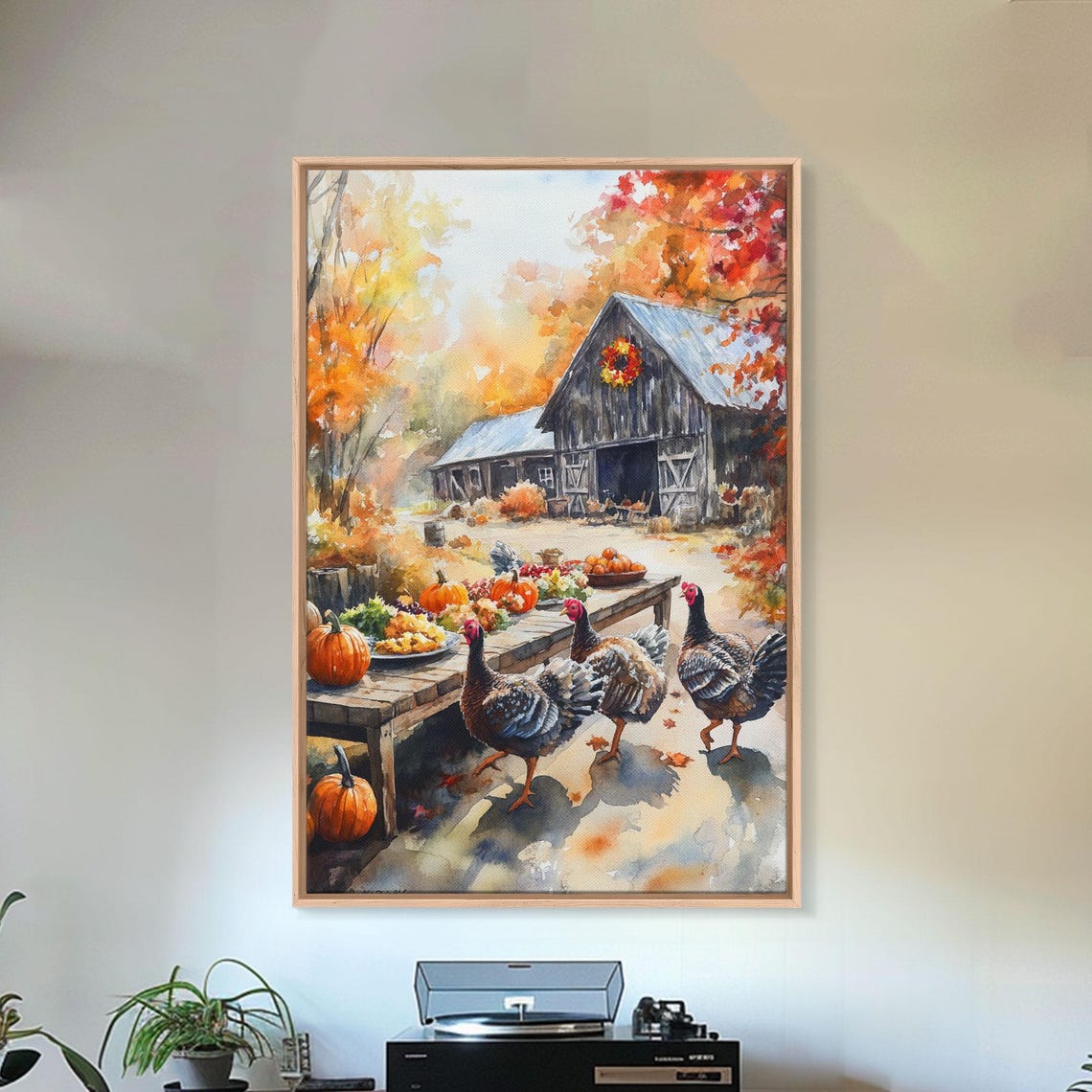 Fall Barn Harvest Table Turkeys Pumpkin Autumn Watercolor Wall Art - Image 3
