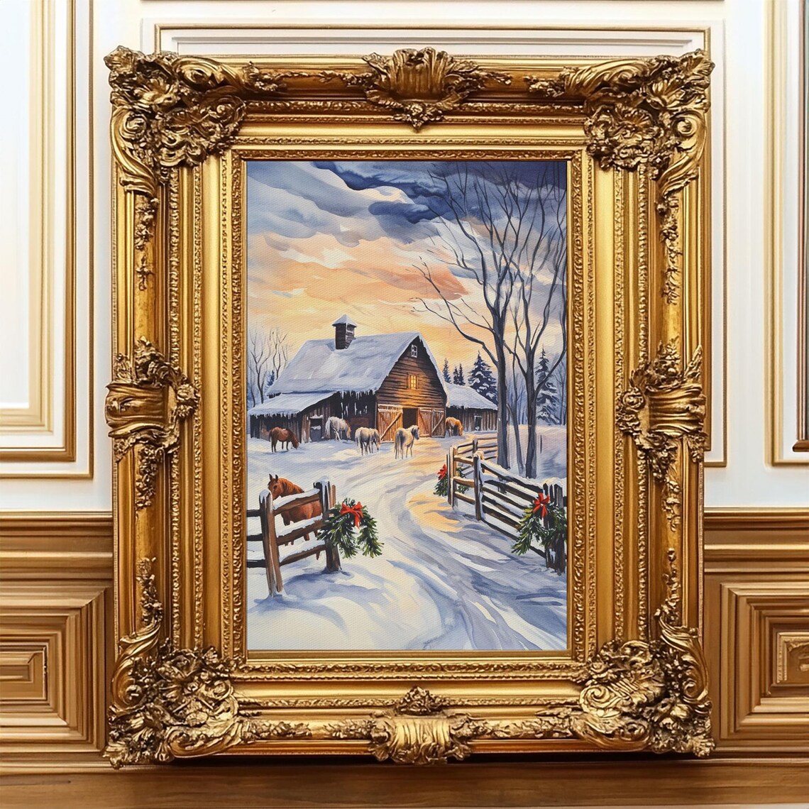Christmas Farm Snow Barn Horses Wreath Sunset Watercolor Wall Art - Image 2
