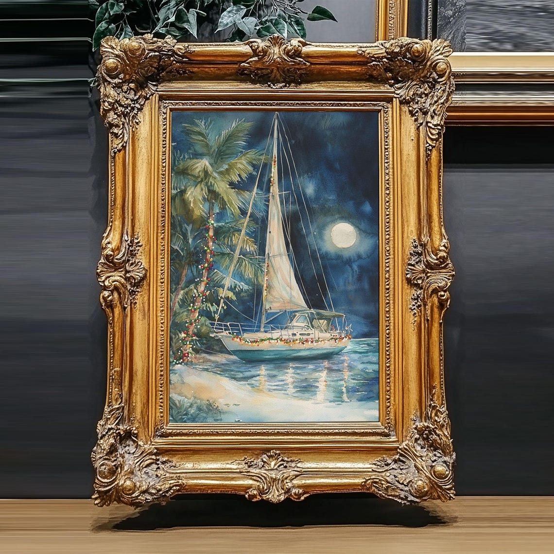 Christmas Sailboat Night Palm Lights Moonlit Watercolor Wall Art
