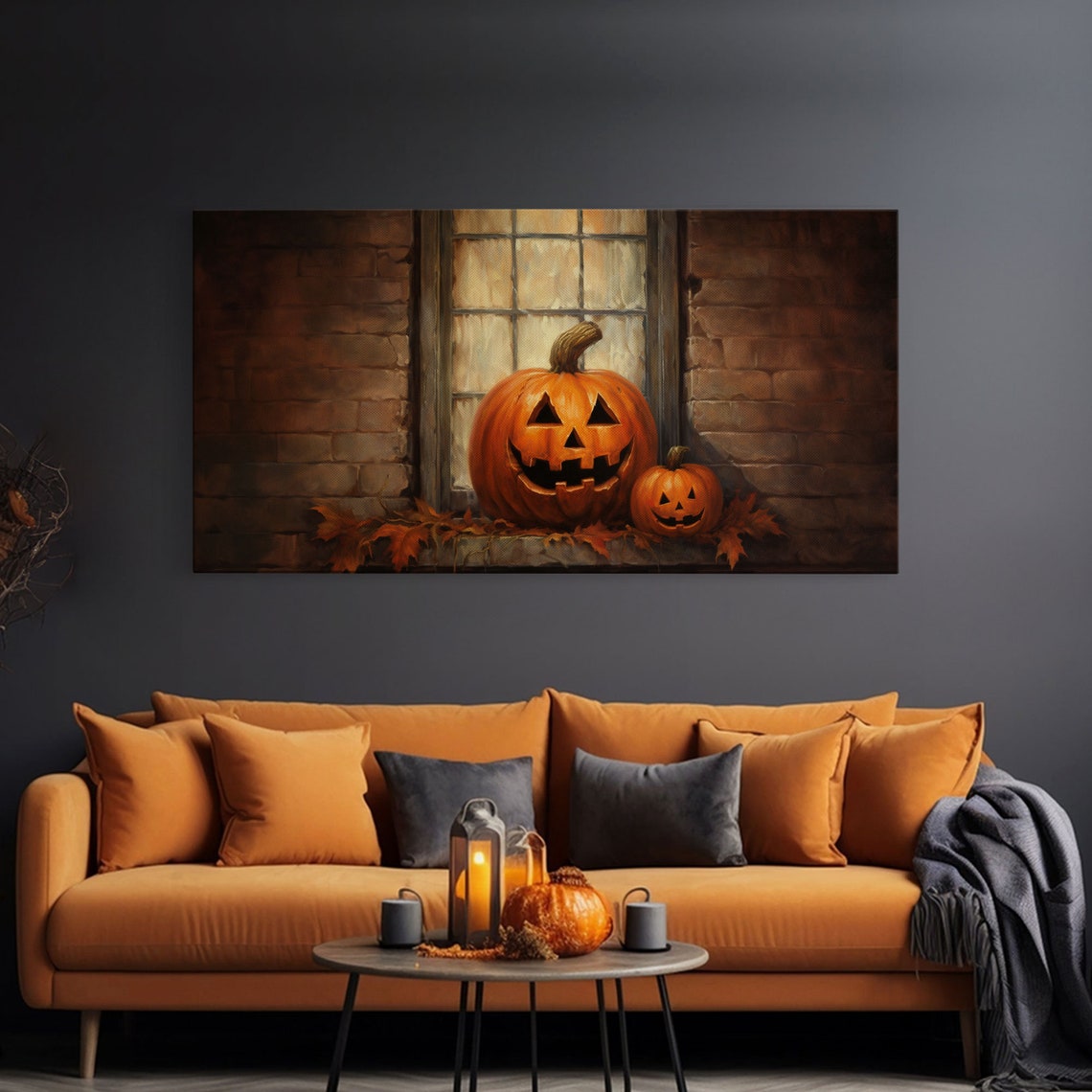 Jack O Lanterns On Old Window Sill With Autumn Leaves Poster - Image 3