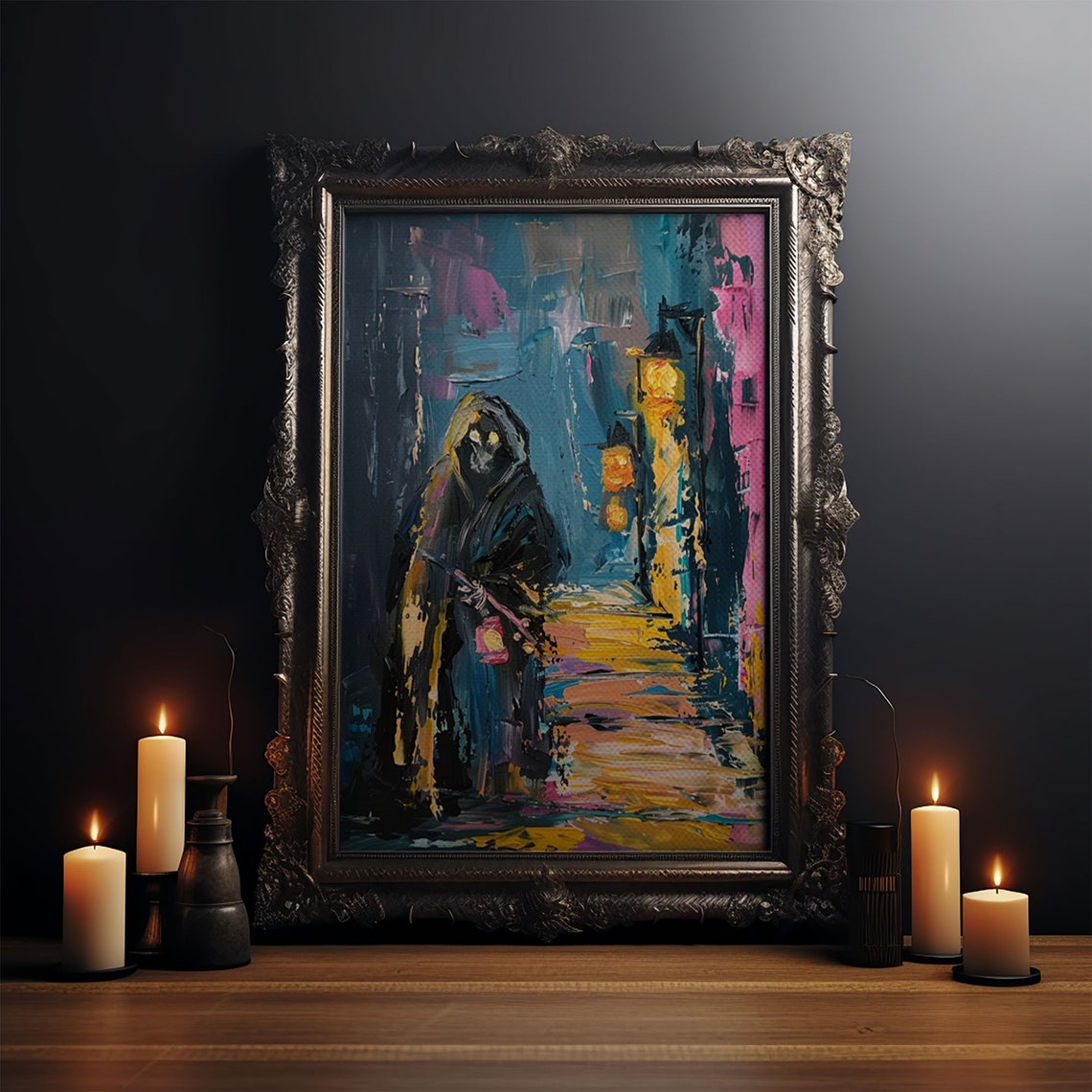 Grim Reaper Lantern Alley Abstract Colorful Painterly Horror Poster - Image 3