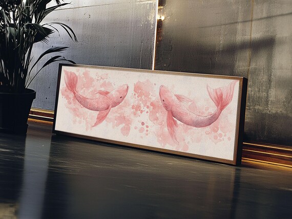 Koi Fish Print Light Pink Wall Art Whimsical Art Bedroom Decor Living Room Art Cottagecore Aesthetic Horizontal Wall Art