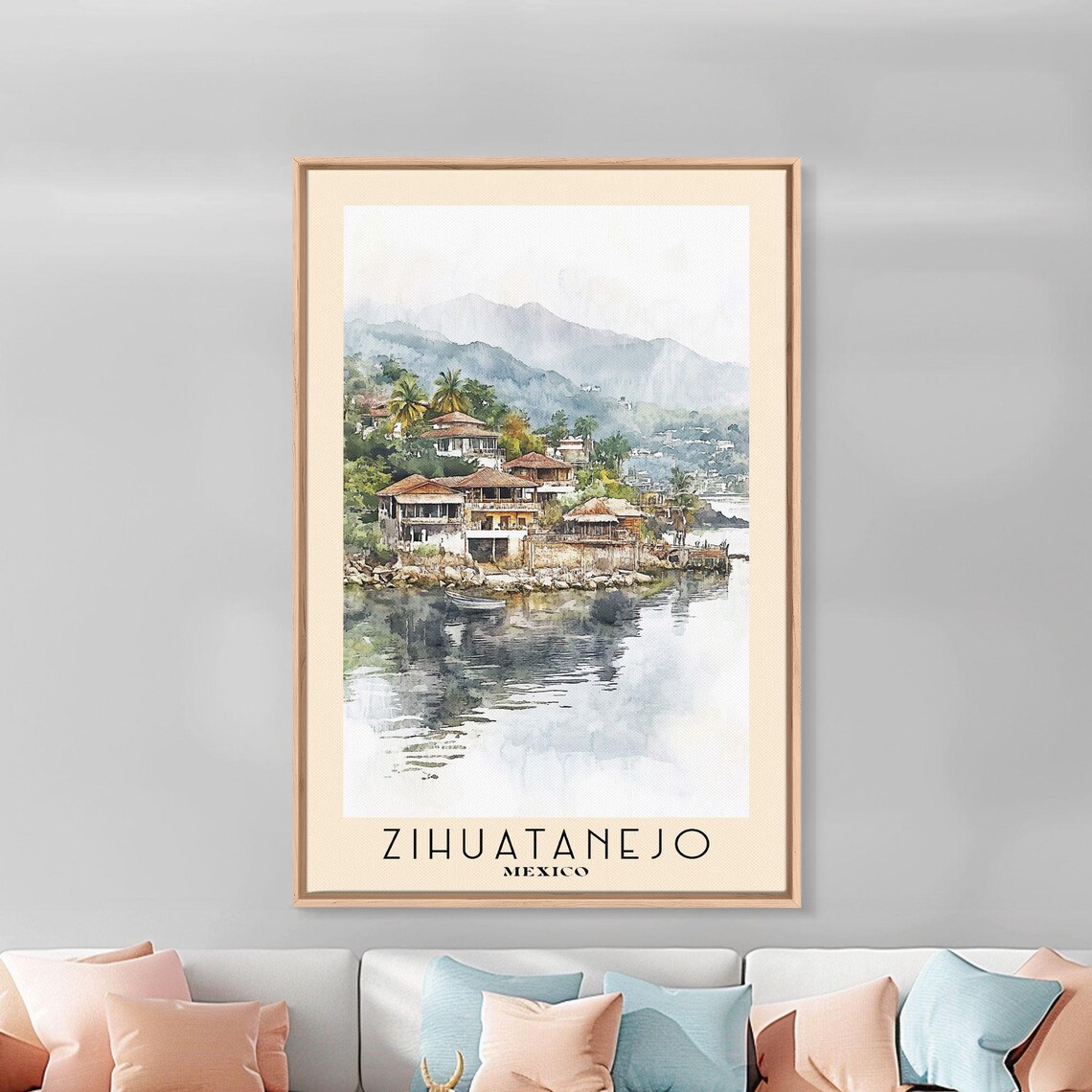 Zihuatanejo Mexico Waterfront Villas Calm Bay Hills Watercolor Poster - Image 2