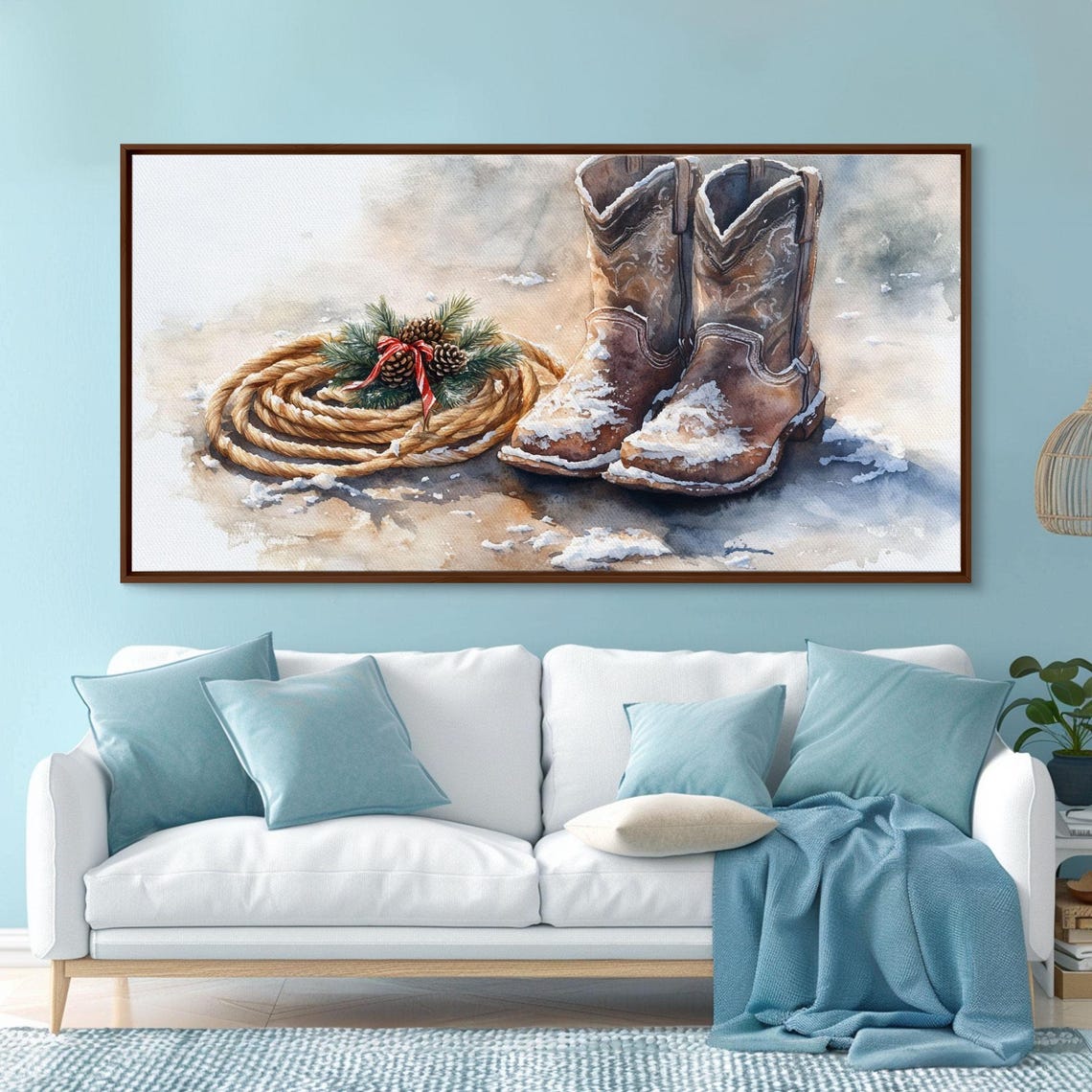 Rustic Cowboy Boots Snow Rope Pinecones Red Ribbon Christmas Poster - Image 3