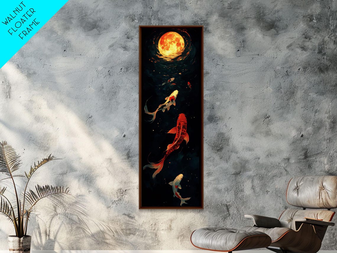 Koi Fish Swimming Under Full Moon Night Pond Japanese Wall Art - Image 3