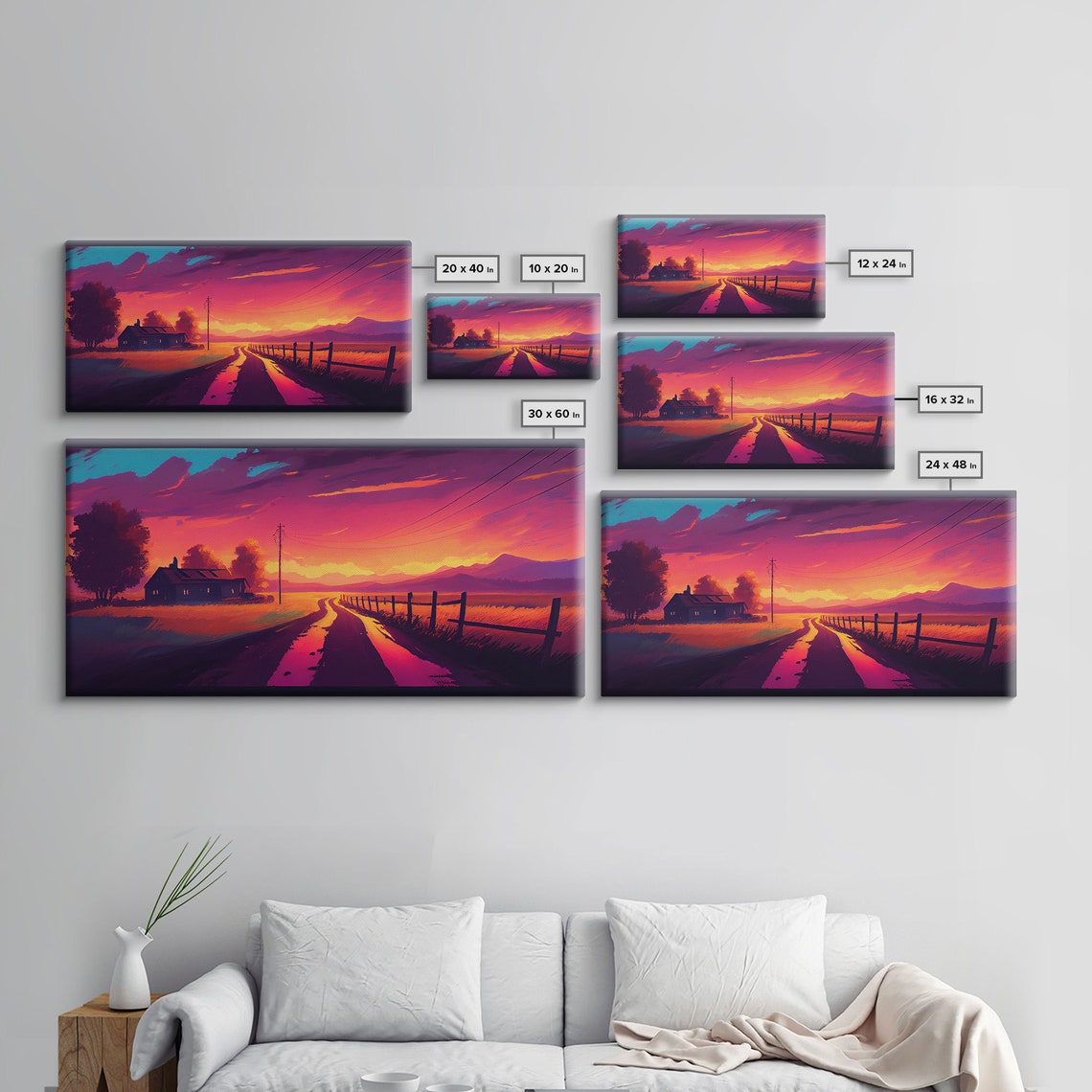 Neon Sunset Country Road Farmhouse Retro Synthwave Landscape Poster - Image 2