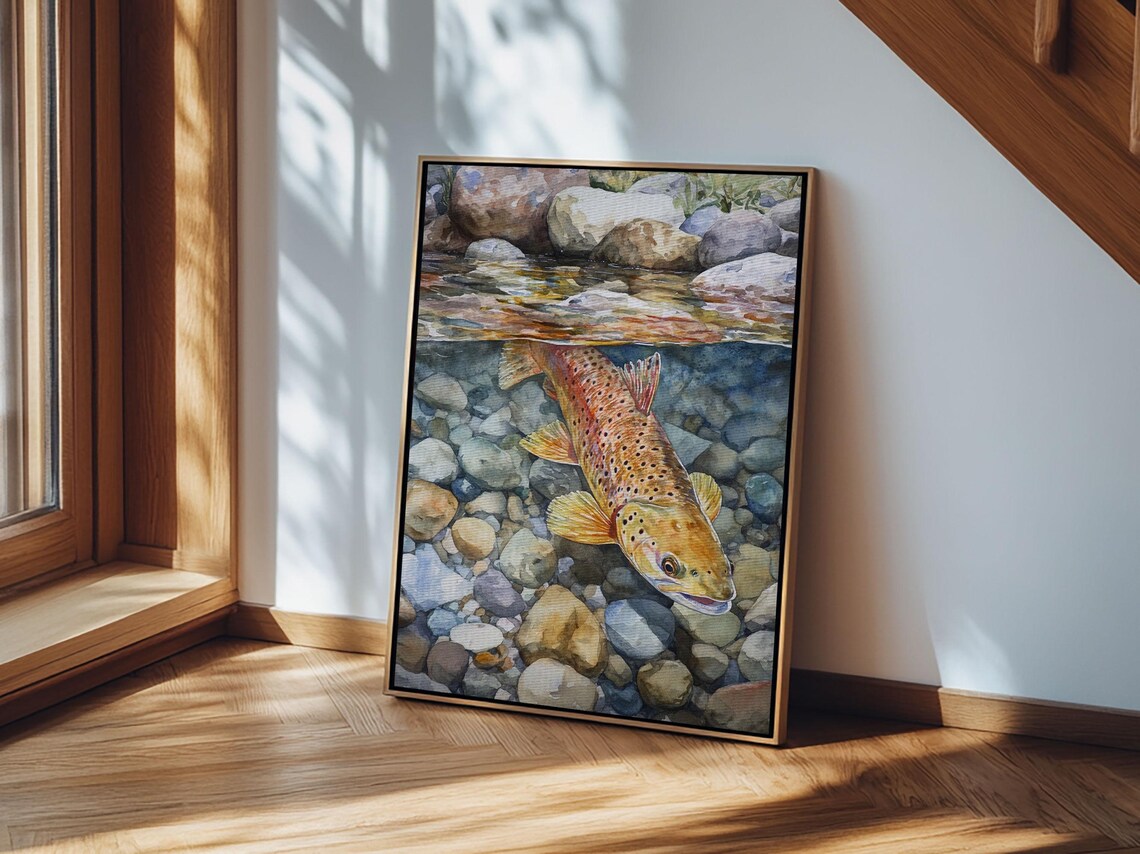 Brown Trout Swimming Art Print, Rustic Cabin Decor - Image 2