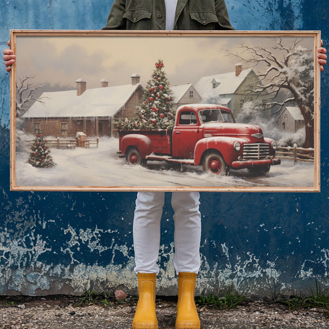 Retro Red Truck Delivering Christmas Tree To Barn In Snowfall Poster - Image 6