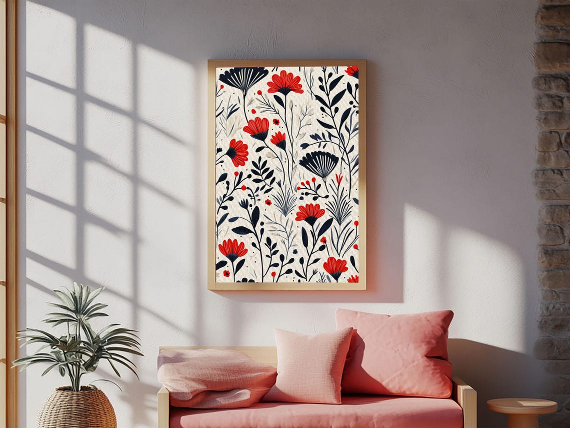 Scandinavian Red Navy Floral Pattern Minimalist Botanical Art Print - Image 4
