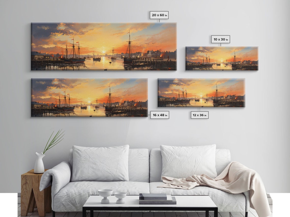 Sunrise Harbor Old Sailing Ships Golden Sky Nautical Waterfront Poster - Image 2
