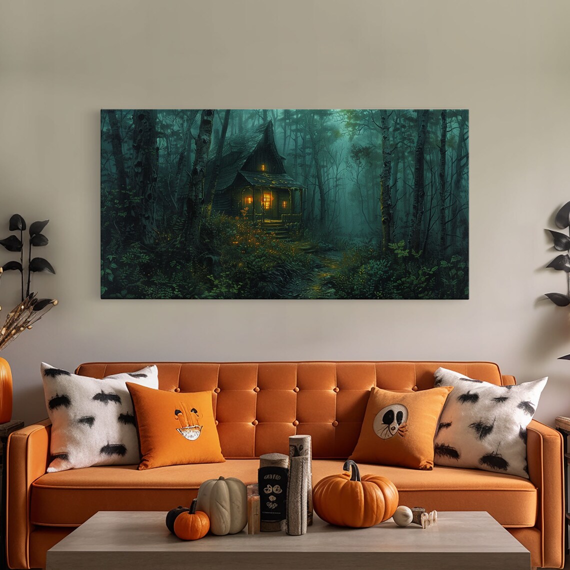 Haunted Cabin Misty Teal Forest Glowing Windows Night Spooky Halloween Print - Image 5