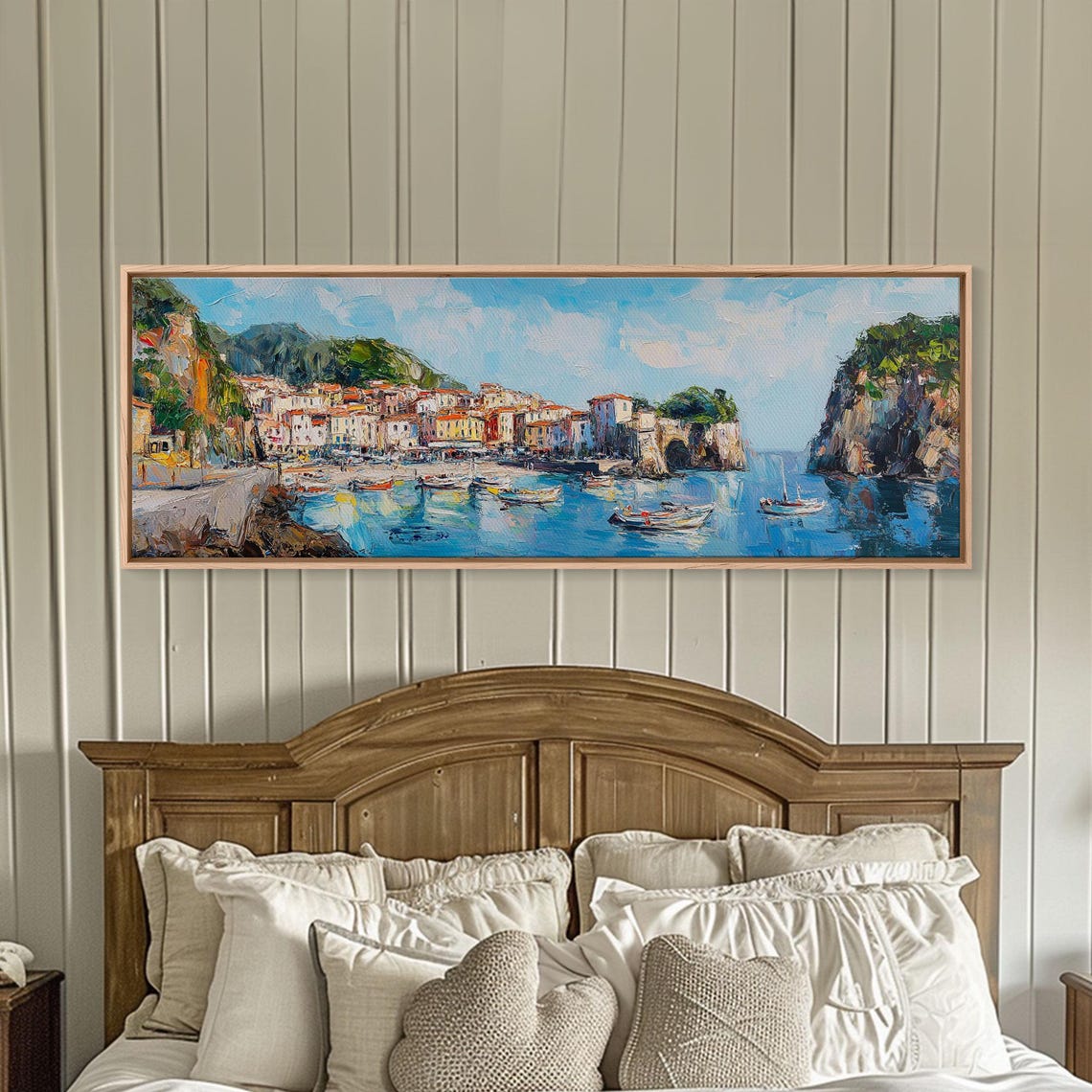 Italian Fishing Village Cliffs Boats Bright Coastal Harbor Art Poster - Image 3