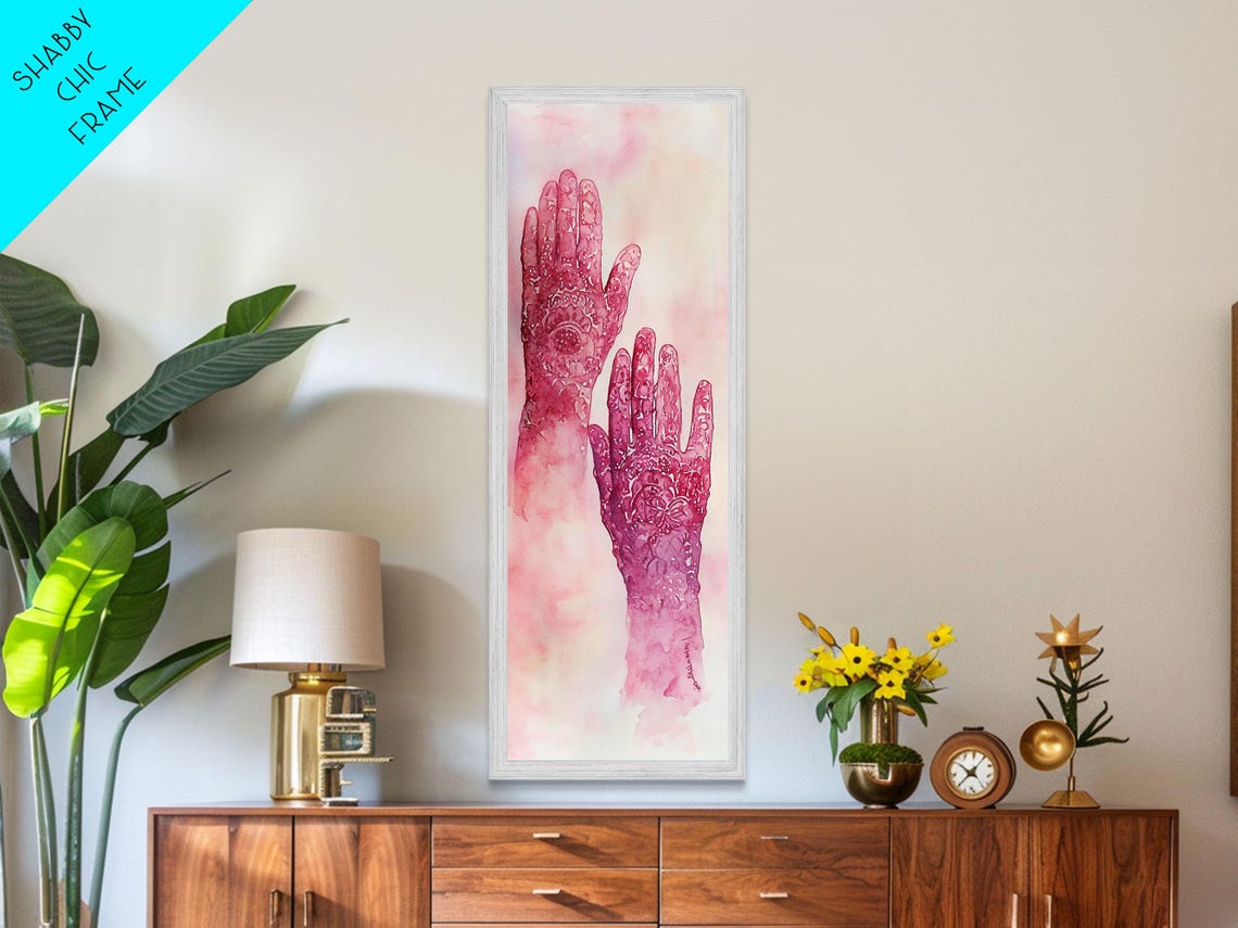 Intricate Henna Hands Painting Framed Print Featuring Unique Pink Wall Art With Subtle Geometric Design Therapy Art Theme - Image 4