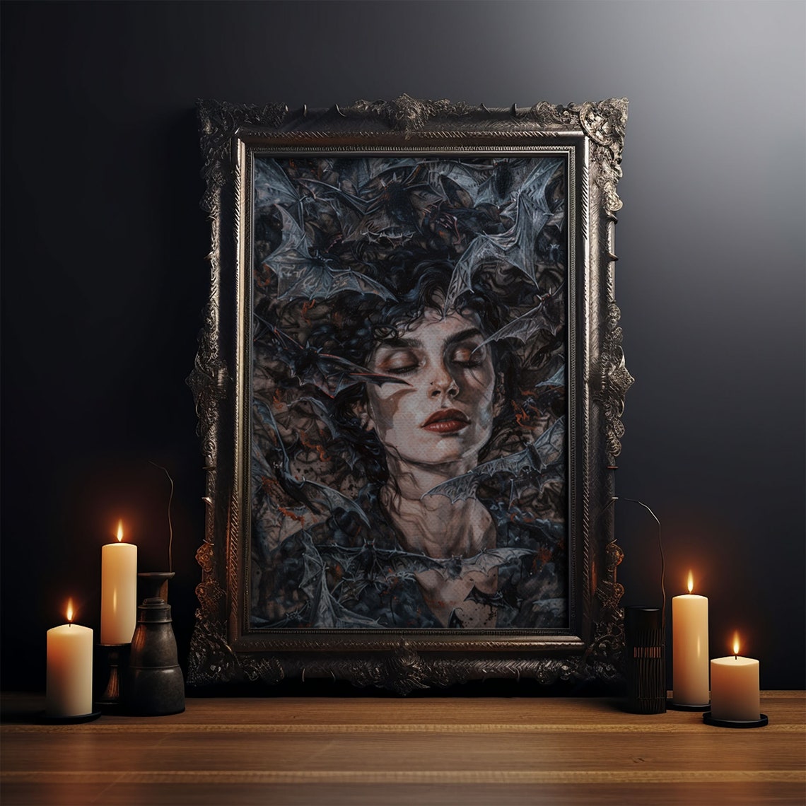 Dark Gothic Woman Surrounded By Bats Spooky Halloween Wall Art - Image 4