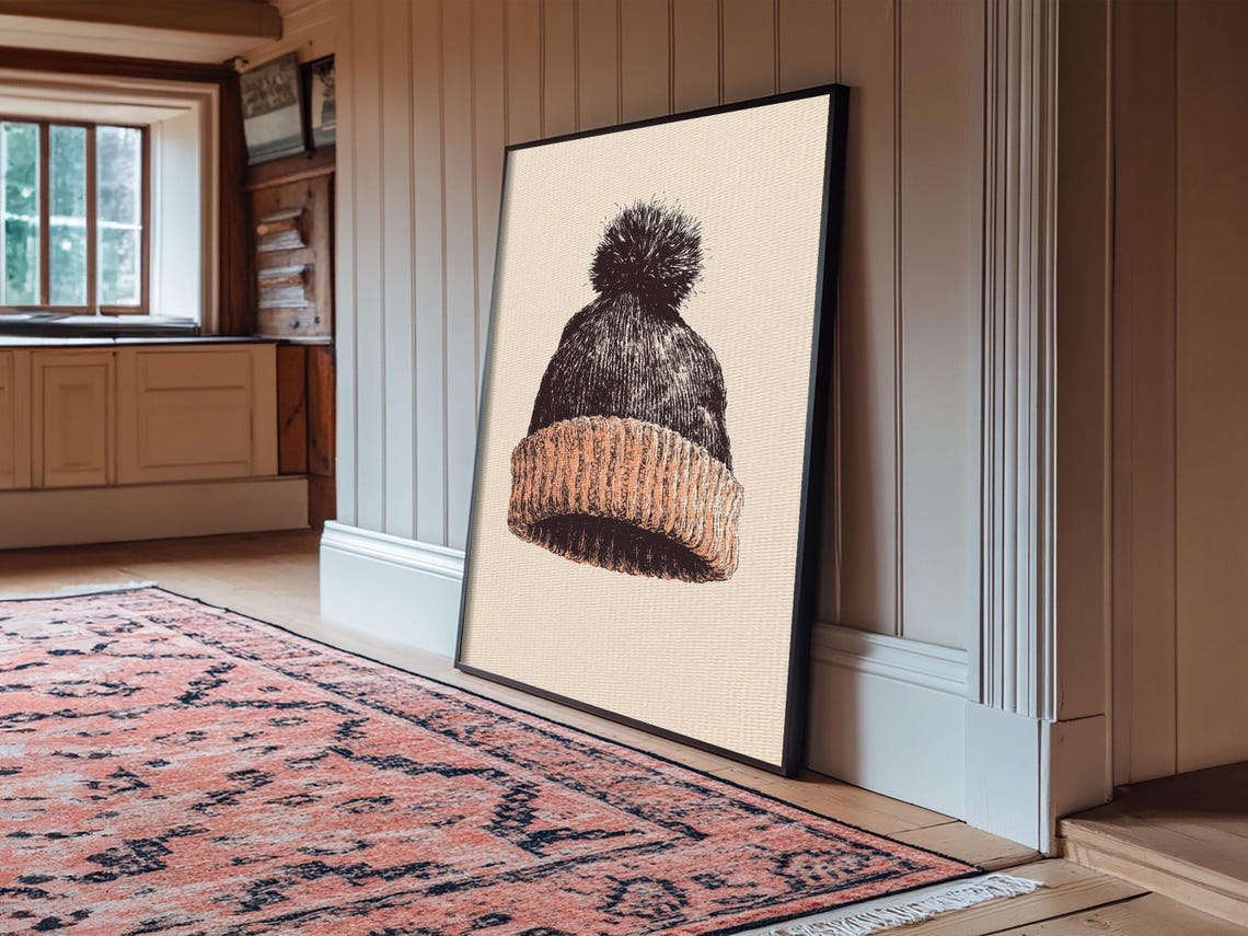 Knit Winter Beanie With Pom Pom Vintage Sketch Minimalist Art Print - Image 4