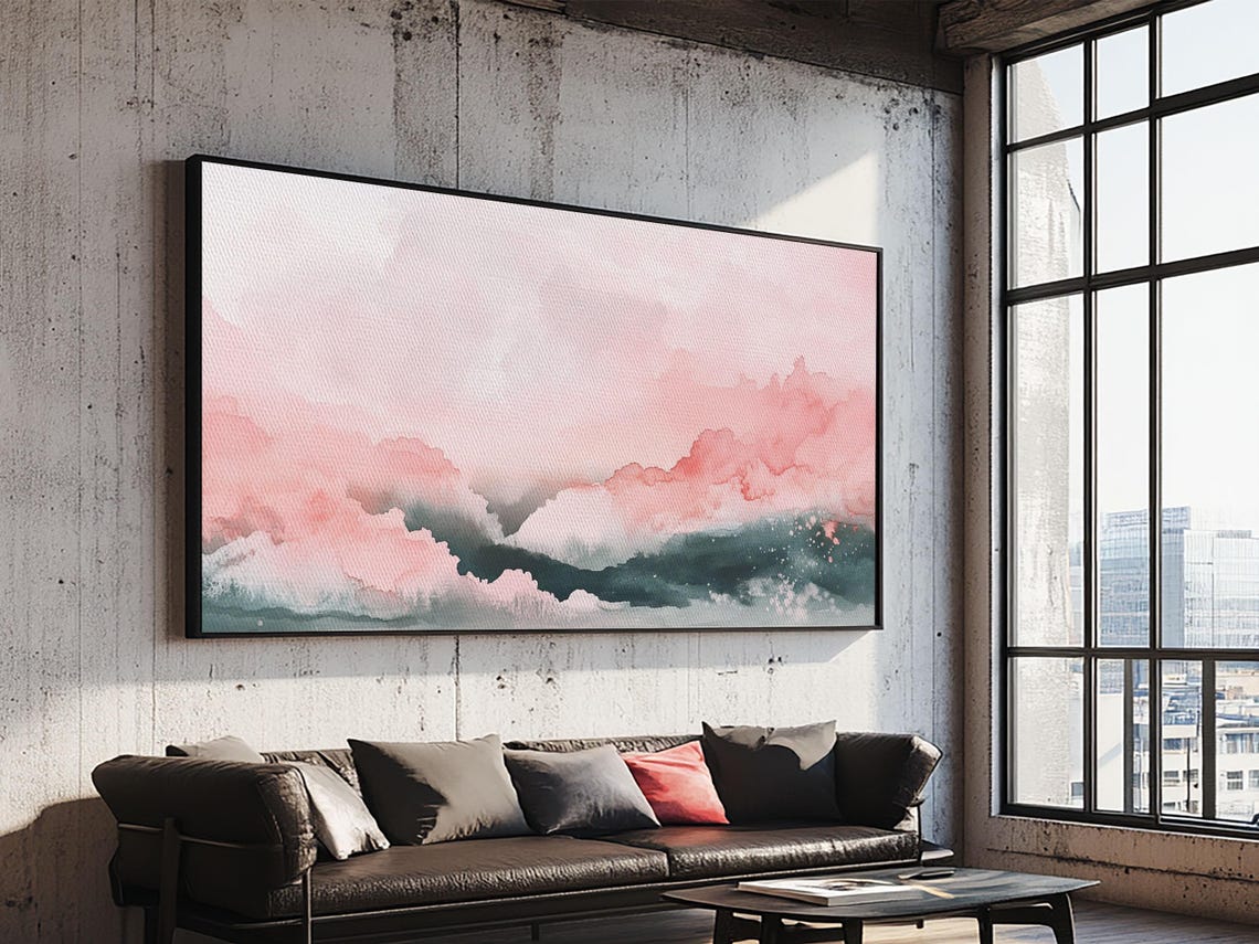 Pink Clouds Over Teal Waves Wide Abstract Watercolor Ocean Sky Poster - Image 6