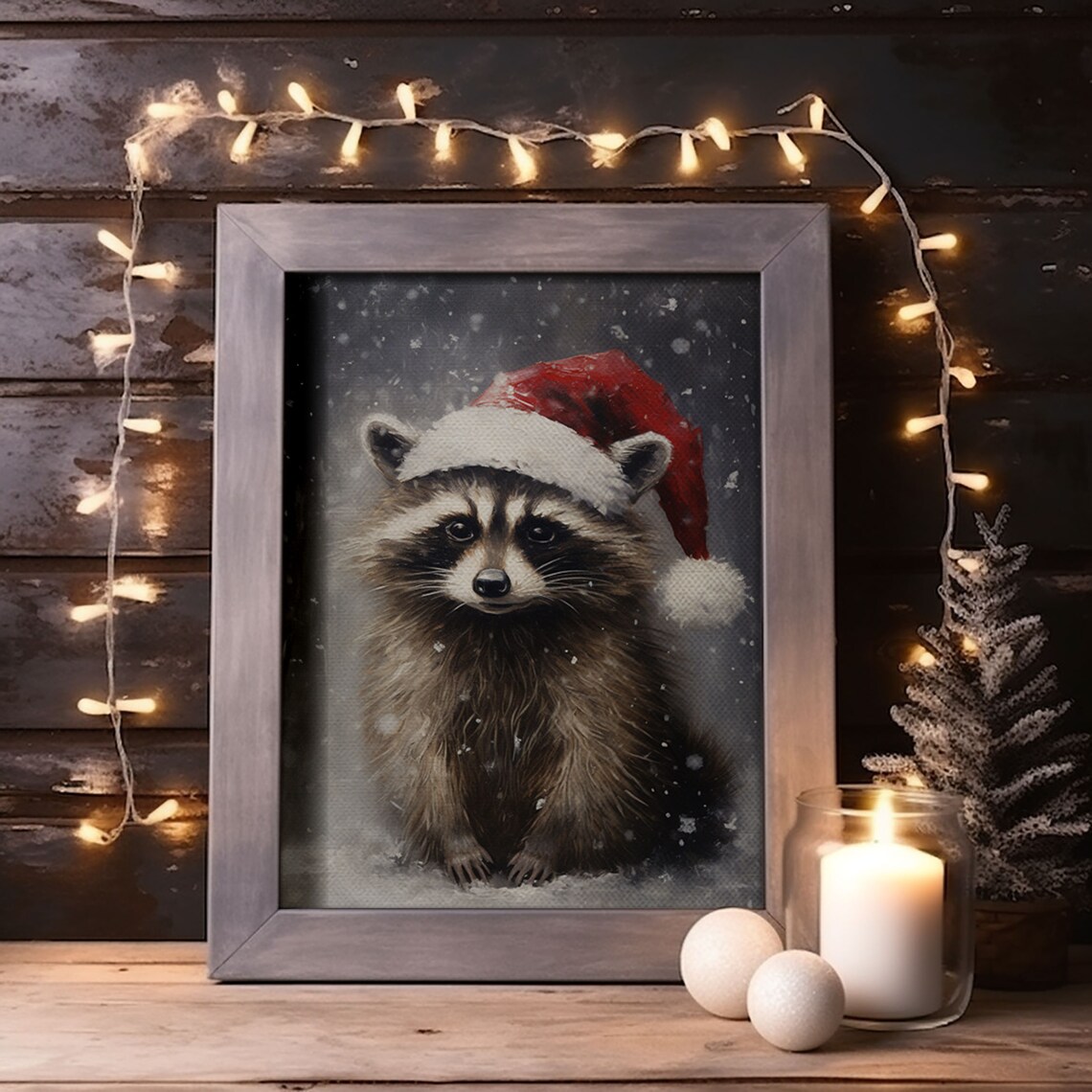 Christmas Raccoon in Santa Hat, Vintage Farmhouse Art Print - Image 6