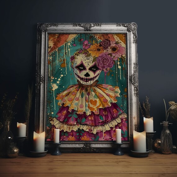 Day Of Dead Doll Floral Crown Sugar Skull Halloween Art Poster