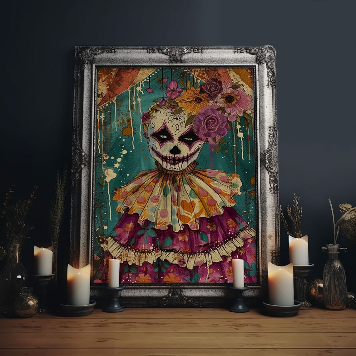 Day Of Dead Doll Floral Crown Sugar Skull Halloween Art Poster