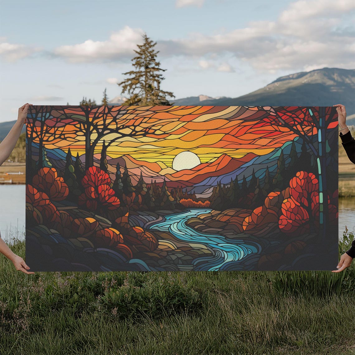 Stained Glass Autumn Landscape Winding River Sunset Mountains Poster
