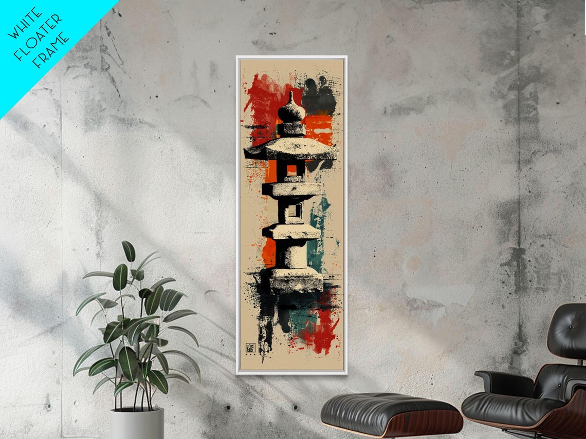 Zen Stone Lantern Skinny Art Tall Art Japanese Ukiyo E Inspired Framed Wall Art - Image 5