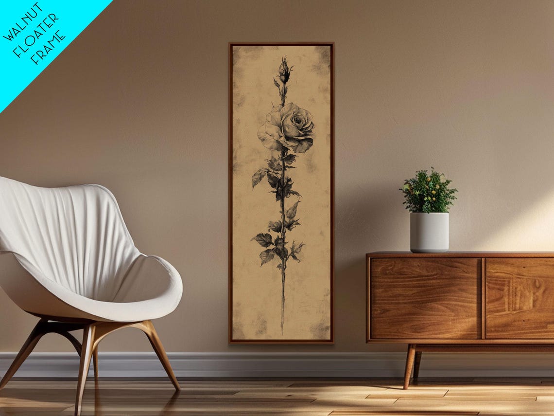 Black And White Sketch Of A Rose Framed Print Narrow Art Tall Skinny Art Flower Painting Paint Of A Rose Floral Prints - Image 4