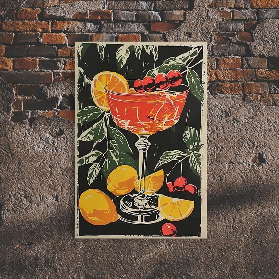 Retro Orange Cocktail Art Deco Style Bar Cart Drink Print Poster