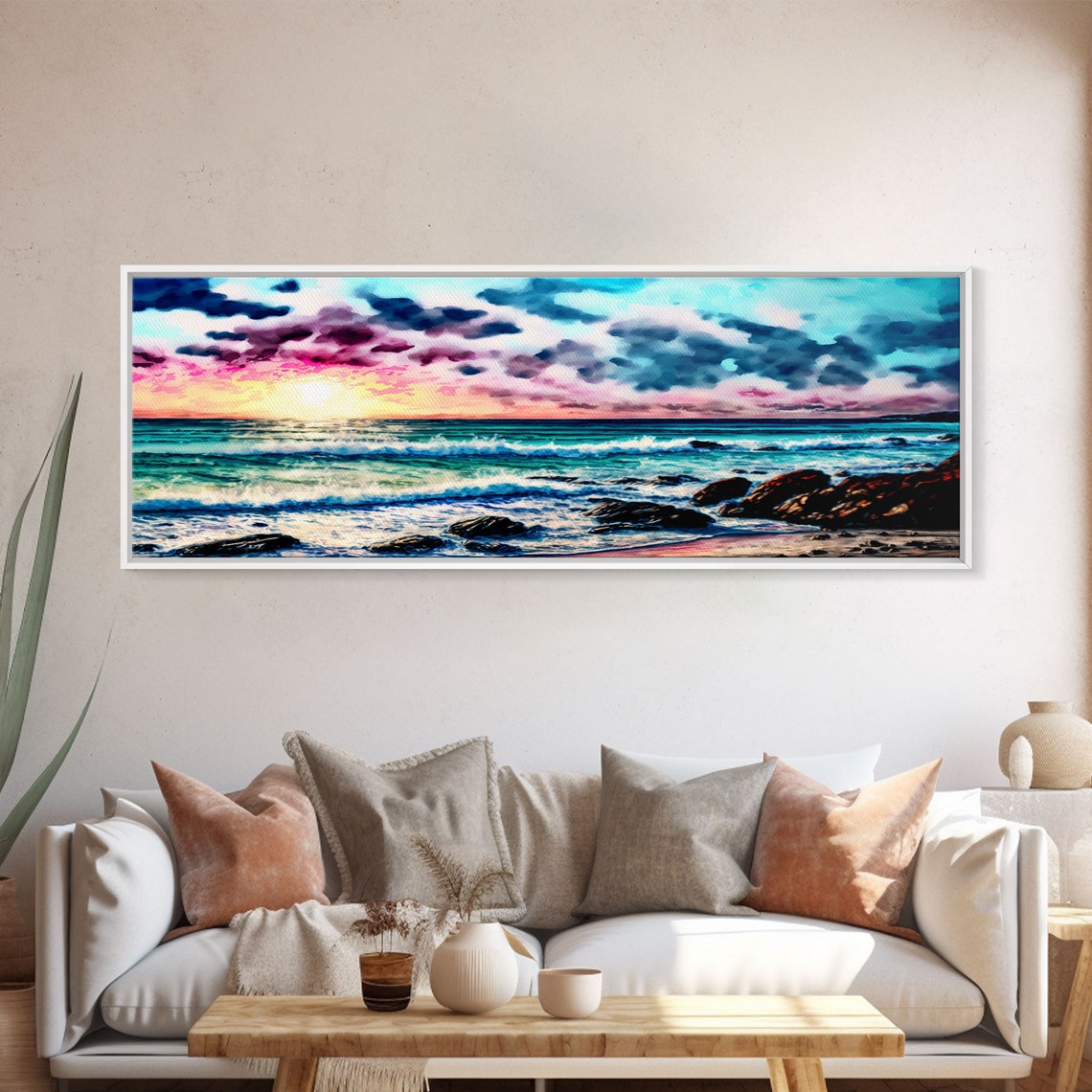 Panoramic Vibrant Beach Sunset Magenta Clouds Rocky Shore Waves Poster