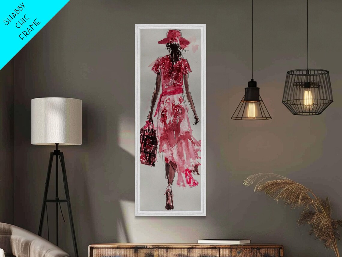 Fashion Illustration Watercolor Red Dress Walking Woman Vertical Art Poster - Image 3