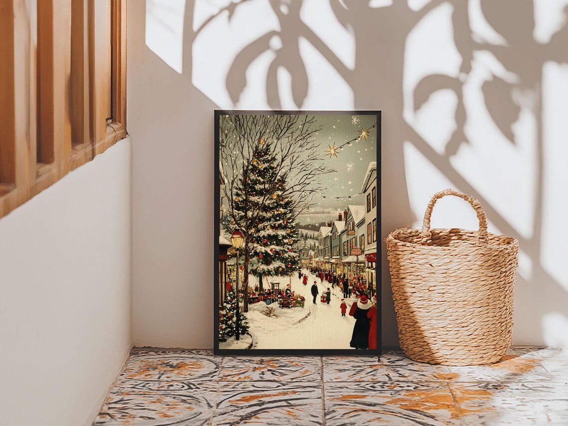 European Christmas Street With Giant Tree Vintage Holiday Art Print