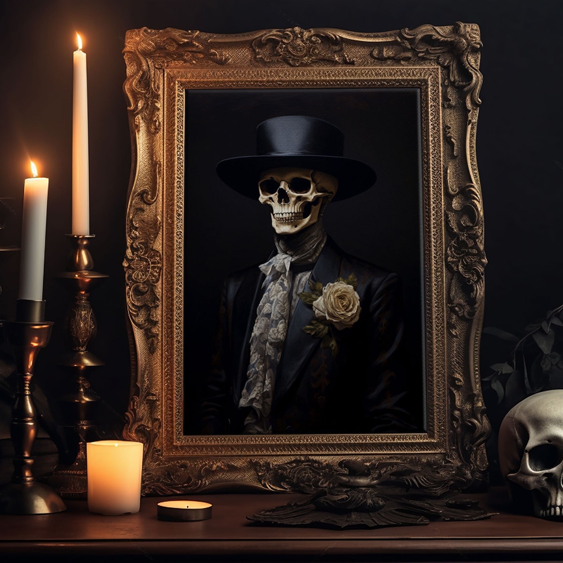 Dapper Skeleton Gentleman In Top Hat With Rose Gothic Portrait Print - Image 6