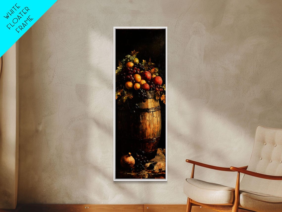 Rustic Wine Barrel Overflowing Fruit Dark Still Life Painting Poster - Image 4