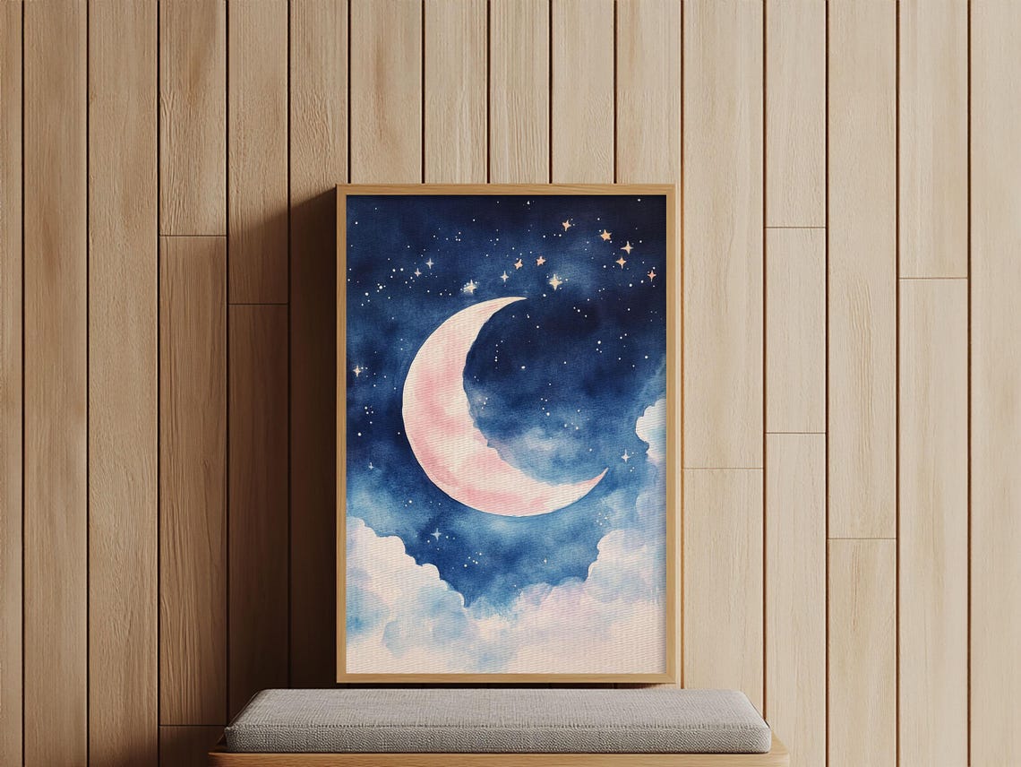 Pink Crescent Moon Watercolor Print Starry Night Sky Wall Art Poster - Image 2