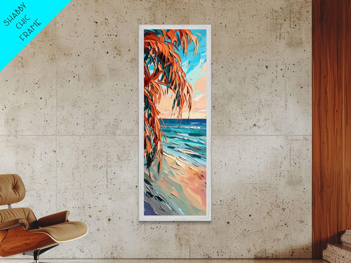 Coastal Palm Fronds Sunset Beach Turquoise Waves Painting Poster