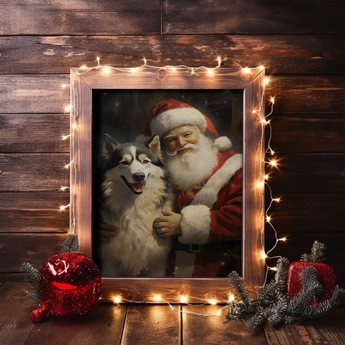 Santa Claus With Alaskan Malamute Dog Christmas Portrait Poster