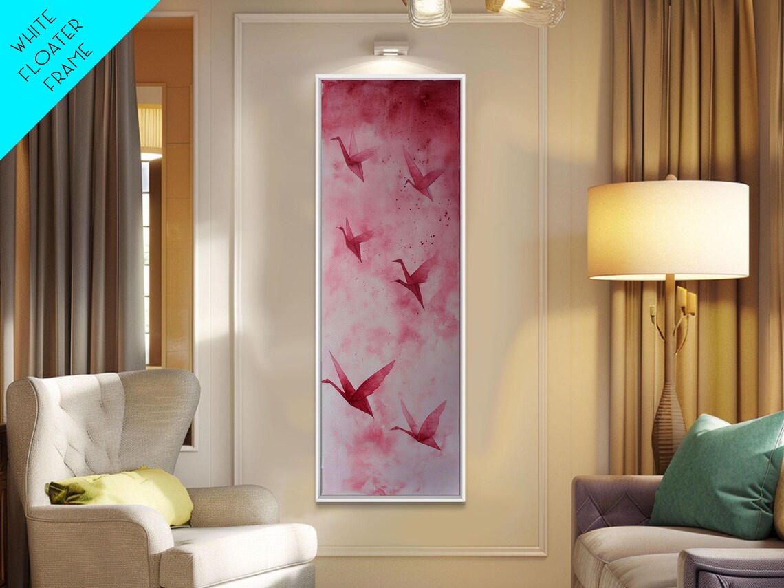 Pink Origami Cranes Flying Watercolor Minimalist Zen Art Poster - Image 5