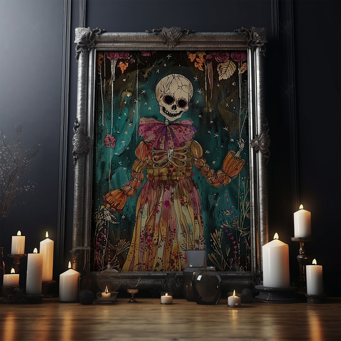 Day Of Dead Skeleton Orange Floral Gown Halloween Art Poster - Image 4