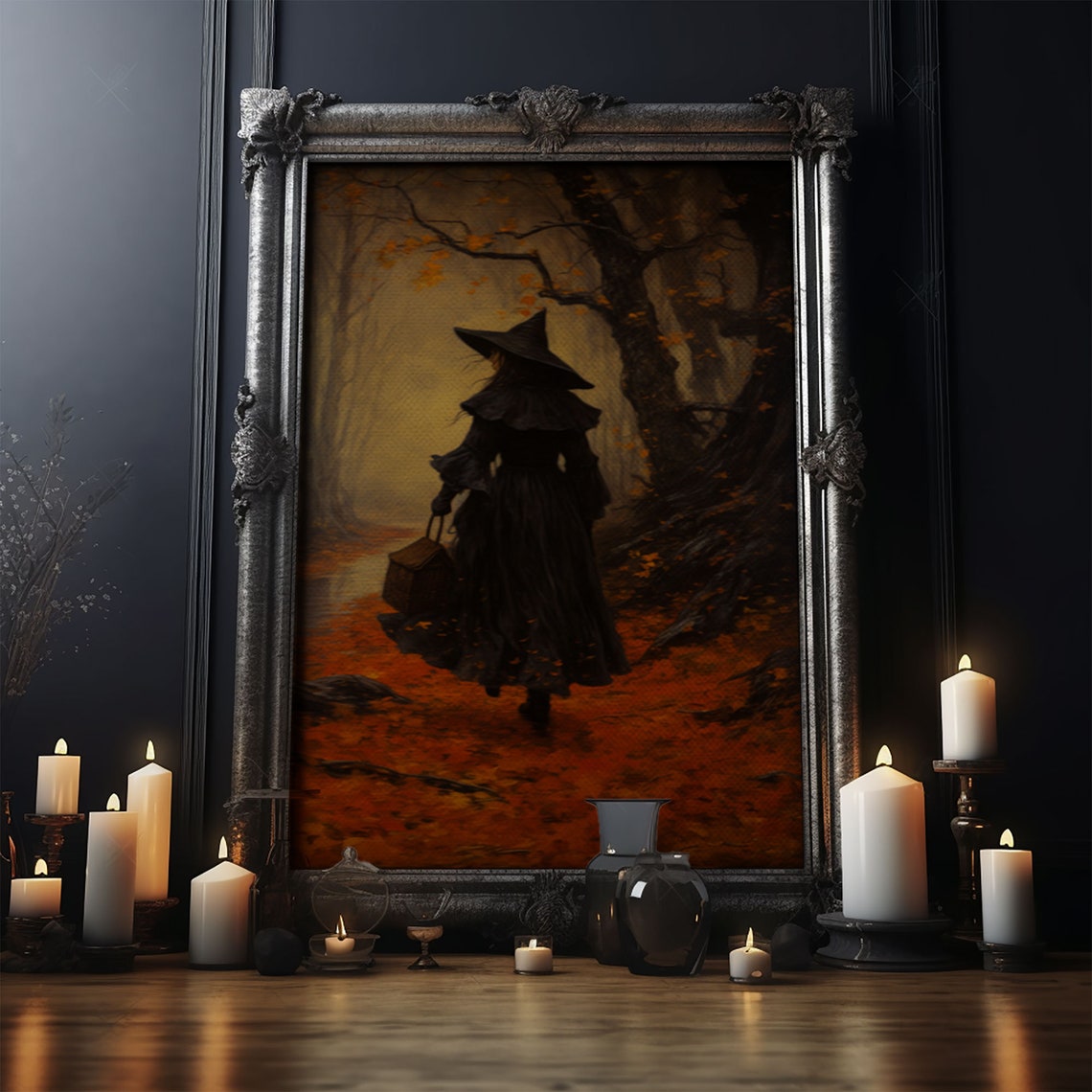 Witch Walking Autumn Forest Basket Moody Fall Halloween Art Poster - Image 4