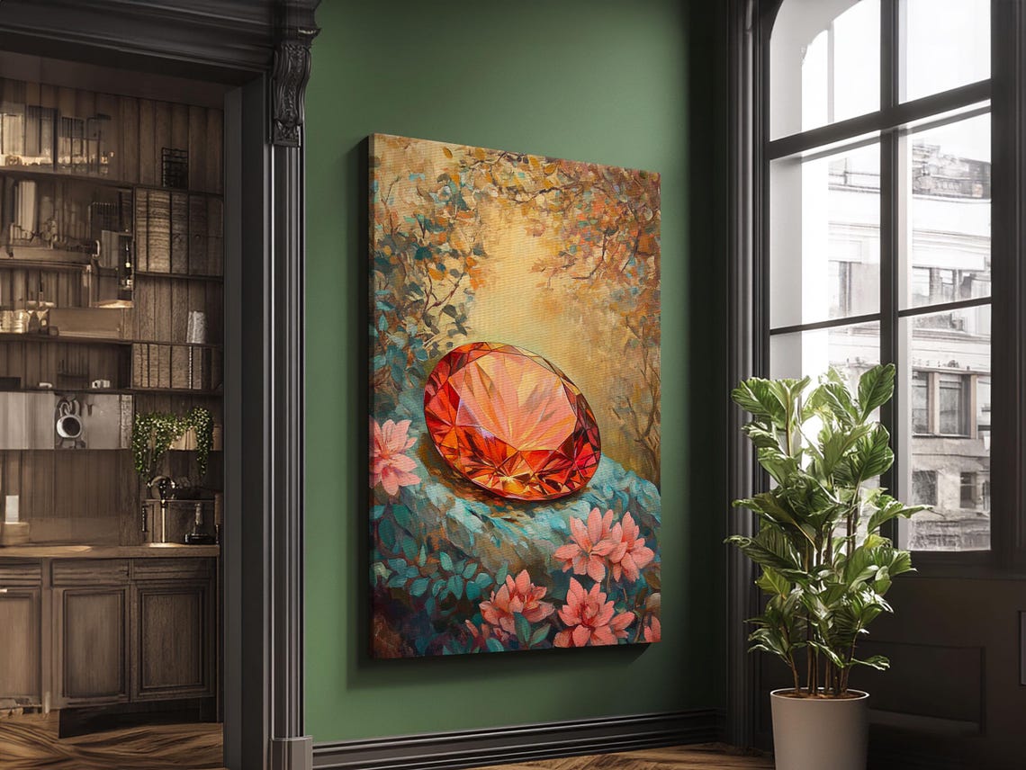 Red Gemstone Crystal Over Floral Garden Fantasy Wall Art Print - Image 5