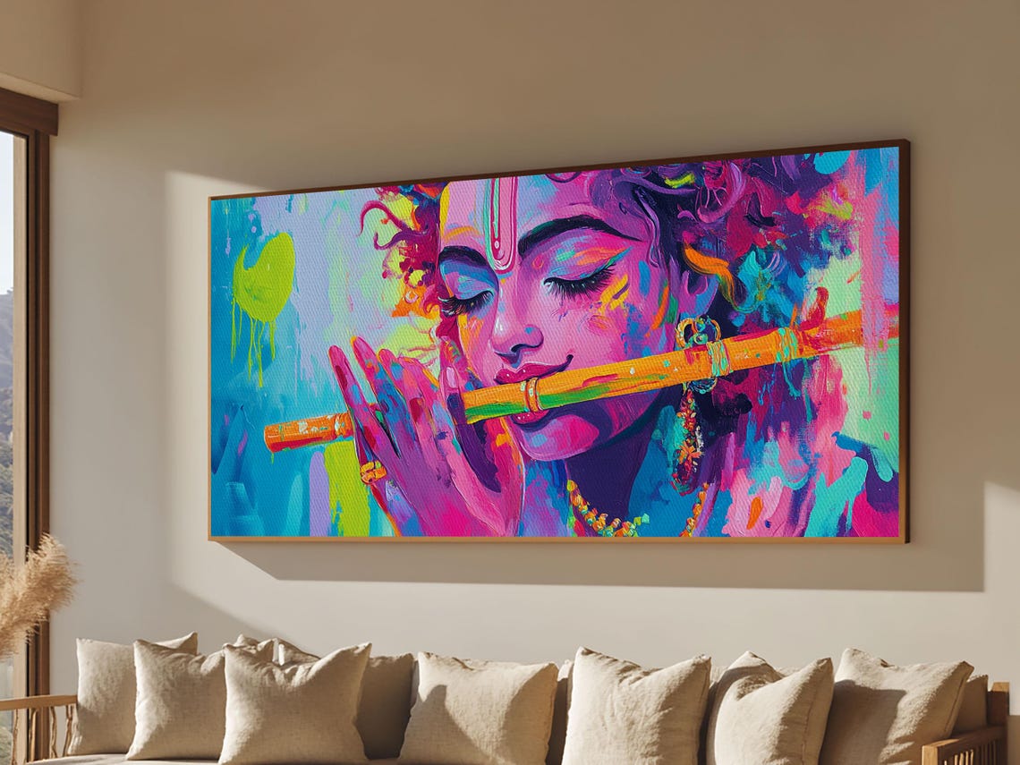 Krishna Playing Flute Vibrant Abstract Hindu Portrait Art Poster - Image 4